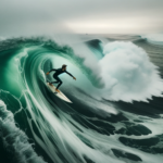 DALL·E 2023-10-17 08.33.47 – Photo showcasing the dynamic nature of surfing with a male surfer in a dark wetsuit on the right, riding a translucent green wave on a light surfboard
