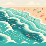 DALL·E 2023-10-17 10.56.19 – Illustration of a beach with a diagram overlay showing the direction of lateral and rip currents. Swimmers and surfers are depicted at various points,