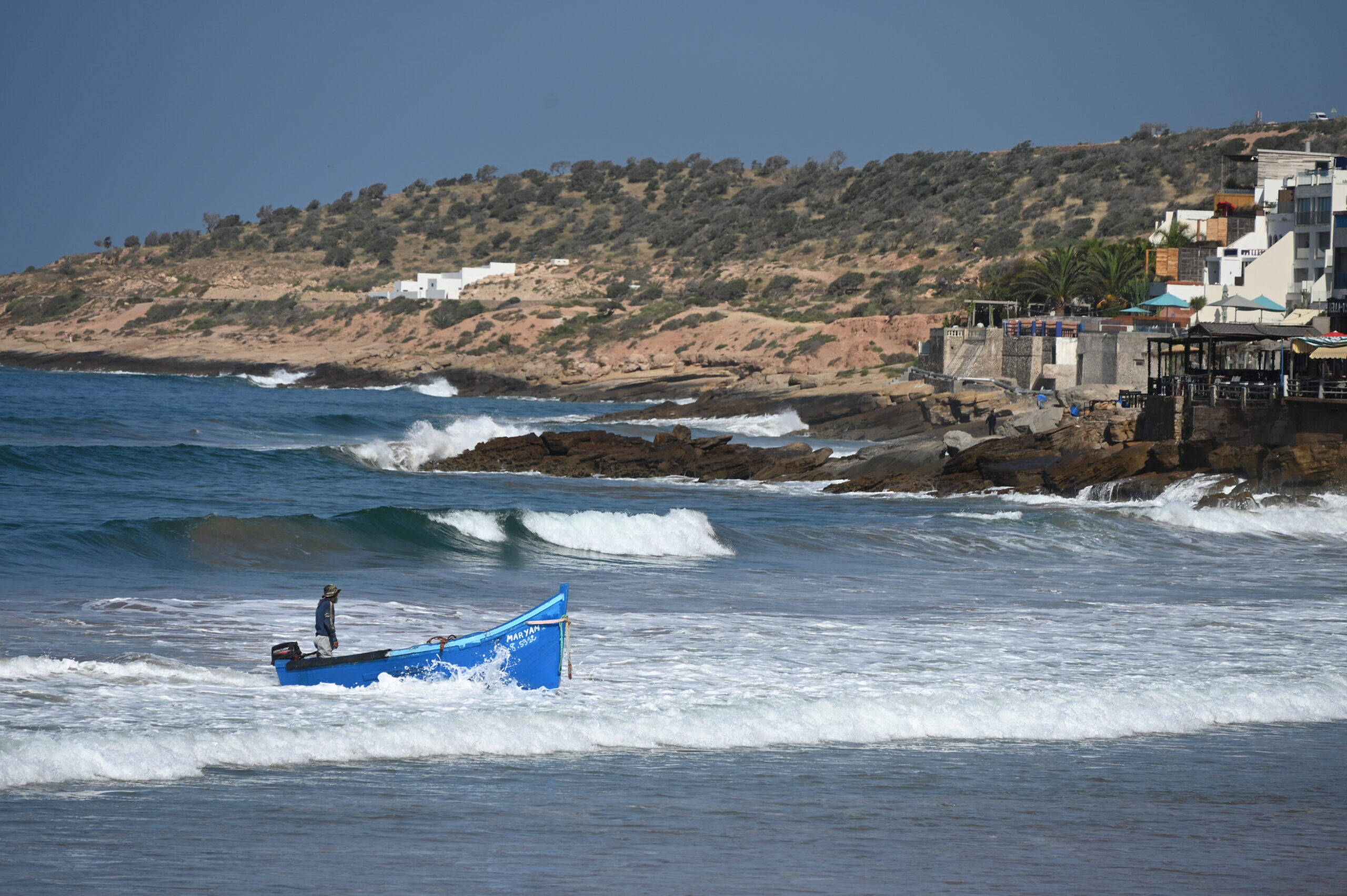 Blue fishing boat in Taghazout, Morocco